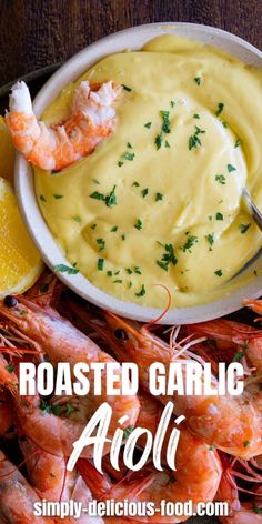 roasted garlic aioli with shrimp in a bowl and garnished with parsley