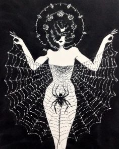 a drawing of a woman with spider webs on her body