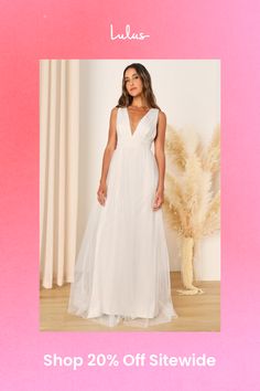 You'll be goddess-like for the entire evening in the Lulus Heavenly Hues White Tulle Sleeveless Maxi Dress! Sheer tulle fabric (atop a matching knit liner) drapes alongside a V-neck and back, and lays across a banded waist. The full maxi skirt boasts an A-line silhouette and a romantic train at the back. Hidden back zipper with clasp. Fit: This garment fits true to size. Length: Floor length. Size medium measures 68.5" from shoulder to hem. Bust: Great for any cup size. Waist: Fitted - very fitted at natural waist. Hip: Not Fitted - fuller skirt allows room for hips. Undergarments: May be worn with petals, or no bra. Fabric: Fabric has some stretch. Lined. Dress Measures 10" At Back. Shell: 100% Nylon. Lining: 100% Polyester. Hand Wash Cold. Do Not Bleach. Line Dry. Iron Low Heat. Imported Elegant Sleeveless Tulle Maxi Dress, Sleeveless Tulle Maxi Evening Dress, Sheer Sleeveless Tulle Maxi Dress, Sleeveless Tulle Maxi Dress For Summer, Sleeveless Tulle Mesh Dress With Sheer Bodice, Sleeveless Tulle Maxi Dress For Wedding, Sleeveless Spring Mesh Dress For Gala, Flowy Sleeveless Dress For Wedding, Wedding Sleeveless Tulle Maxi Dress