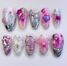 @allycoolcattt 3d Iridescent Nails, Chrome Junk Nails, 3d Goth Nails, Gyaru Press On Nails, Prom Nails