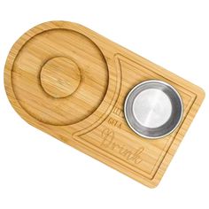 a bamboo coaster with a stainless steel bowl on the top and an empty plate in the middle