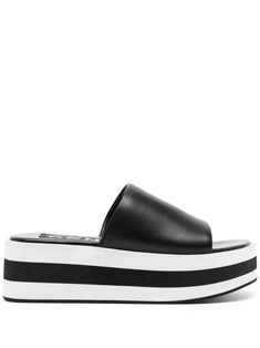 black/white calf leather two-tone detail branded insole platform sole Platform Slip-on Sandals With Open Toe, Platform Slip-on Beach Sandals, Black Synthetic Platform Sandals, Platform Sandals For Beach, Synthetic Material, Black Platform Slip-on Footbed Sandals, White Platform Sandals, Black Platform Sandals, Black Platform, Curator Style