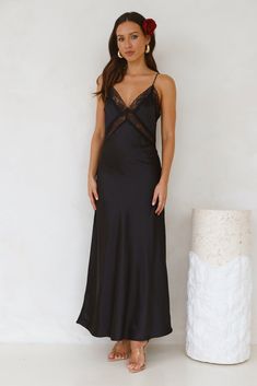 Length from bust to hem of size S: 126cm. Chest: 40cm, Waist: 38cm, across front only of size S. Maxi dress. Lined, unlined lace panels. Model is a standard XS and is wearing size XS. True to size. Non-stretch. V-neck. Lace details, unlined. Zipper. Cold hand wash only. Polyester. An ultra-romantic style! The Ultimate Love Satin Slip Maxi Dress features a silky satin design, lace panels and a straight flowy silhouette that we're in love with. Style with heels and curls for all the likes. Black Slip Dress With Lace Bodice For Party, Black Lace Bodice Slip Dress For Party, Evening Lace Slip Dress With Contrast Lace, Evening Slip Dress With Contrast Lace, Black Slip Dress With Lace Bodice, Lace Back Slip Dress For Date Night, Night Out Lace Slip Dress With Lace Bodice, Lace Slip Dress With Contrast Lace For Night Out, Fitted Lace Trim Slip Dress For Formal Events