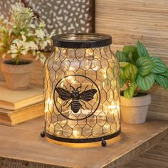 a glass jar filled with lights sitting on top of a table next to potted plants