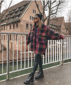 plaid jacket outfit @jldrae on ig Winter Outfits Plaid Jacket, Black And Plaid Outfit, Punk Rock Winter Outfits, Doc Marten Fall Outfits Women, Girly Combat Boots Outfit, Black Pant Fall Outfit, Big Flannel Jacket Outfit, Doc Martens And Tights Outfit, Cold Fall Night Outfit