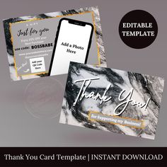 thank you card template instant printable with marble background and gold foiled text on it