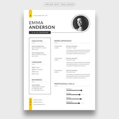 a professional resume template with yellow accents on the front and bottom corner, in black and white