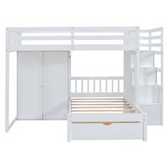 a white bunk bed with two drawers and a pull out desk underneath the bed frame