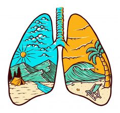 the lungs are painted in different colors and sizes, with palm trees on each side