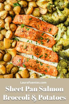 sheet pan salmon broccoli and potatoes on a white plate with text overlay