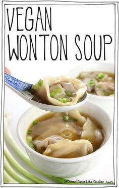 two bowls filled with wonton soup on top of each other