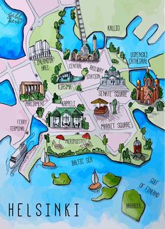 an illustrated map of the city of helsinki