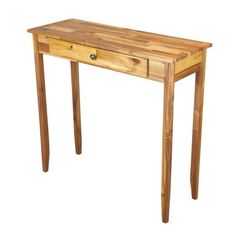 a small wooden table with two drawers on one side and an open drawer on the other