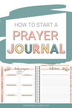 a planner with the words how to start a prayer journal on it, and an image of