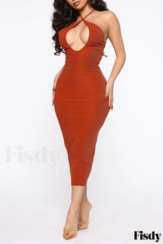 Fisdy - Elegant Purplish Red Solid Hollowed Out Backless Sleeveless Dress – A Fashionable Choice Half Sleeve Jumpsuit, Burnt Orange Dress, Vogue Dress, Dress Sleeve Styles, Rust Dress, Sparkly Dress, Fashion Nova Dress, Green Midi Dress, Hip Dress