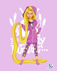 a cartoon girl with long blonde hair wearing a purple jacket and star patterned leggings