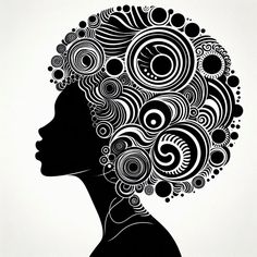 a black and white drawing of a woman's head with circles in the hair