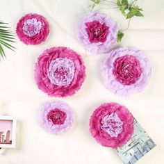 four pink and purple flowers sitting on top of a white sheet