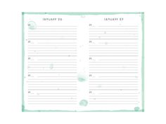 the daily planner for january is shown in green and white with watercolor spots on it