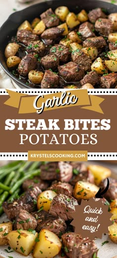 steak bites with potatoes and green beans in a skillet