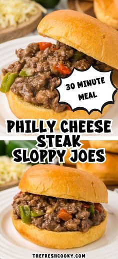 two sandwiches with the words phily cheese steak sloppy joes on top and below