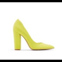 Brand New. Never Worn With Box. Modern Yellow Heels With Sculpted Heel, Bold Sculpted Heel For Spring, Yellow Spring Heels For Office, Modern Yellow Heels For Evening, Chic Summer Court Shoes With Stacked Heel, Bold Block Heel Heels For Formal Occasions, Modern Yellow Heels For Formal Occasions, Modern Yellow Formal Heels, Chic Yellow Pointed Toe Court Shoes