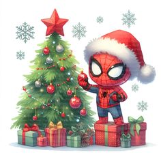 a cartoon spiderman standing in front of a christmas tree with presents under the tree