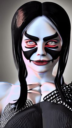 a woman with black makeup and red eyes