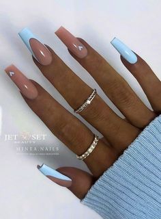 Blue Nail Inspo Acrylic Coffin, Square Ballerina Nails, End Of Summer Gel Nails Ideas, Winter Nail Ideas Simple Blue, Blue Nail Designs Easy, Powder Blue Winter Nails, Nail Art Designs Plain, Coffin Matte Nails Design, Blue Acrylic Christmas Nails