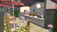 an animated rendering of a patio with tables and chairs