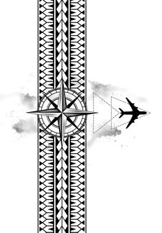 a black and white drawing of a cross with an airplane in the sky behind it