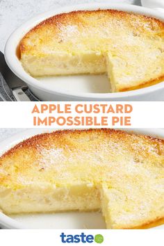 two images showing how to make an apple custard impossible pie in the microwave