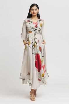 Buy Multi Color Crepe V Neck Floral Print Dress For Women by Limerick by Abirr N' Nanki Online at Aza Fashions. Balloon Sleeve Dress, Chiffon Floral, Beaded Neckline, French Knots, Flower Print Dress, Satin Color, Floral Chiffon, Satin Dress, Dress For Women