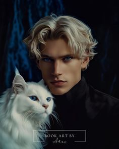 a man with blonde hair and blue eyes holding a white cat in front of him