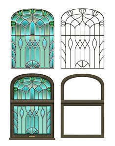 three different stained glass windows with archeds and bars on them, all in various shapes and sizes