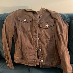 Brown Jean Jacket Never Worn Once Brown Spring Utility Jacket With Snap Buttons, Spring Brown Utility Jacket With Snap Buttons, Brown Utility Jacket With Snap Buttons For Spring, Fitted Brown Casual Utility Jacket, Amazon Long Sleeve Winter Outerwear, Amazon Winter Long-sleeve Outerwear, Amazon Winter Outerwear With Long Sleeves, Amazon Casual Long Sleeve Outerwear, Casual Long Sleeve Outerwear By Amazon