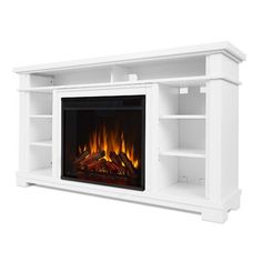 a white entertainment center with a fire place and shelves on both sides, including an electric fireplace