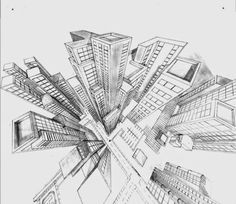 a pencil drawing of some buildings in the middle of a city with lots of windows