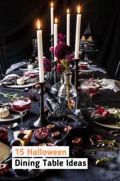 the table is set with candles, plates and desserts for an elegant halloween party