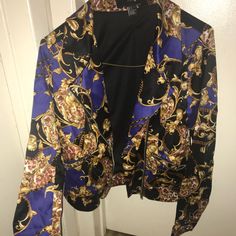 Forever 21 Purple/Gold/Black Design Jacket. With Button Detail On Cuff And Zipper Pocket. Great Condition Never Worn Size Small Purple Outerwear For Spring Night Out, Trendy Purple Long Sleeve Blazer, Purple Long Sleeve Blazer For Night Out, Trendy Purple Fall Blazer, Trendy Purple Blazer For Fall, Design Jacket, Gold Design, Black Design, Button Detail