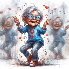 an old woman dancing with music notes and hearts on her face in front of other people