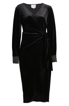 Light ruching at the waist creates stunning dimension on a luxe stretch-velvet wrap dress that's perfect for your next evening out. True wrap style with side tie closure Surplice V-neck Long sleeves Lined 96% polyester, 4% spandex Dry clean Imported Elegant Draped Velvet Dress, Elegant Ruched Wrap Dress For Evening, Elegant Ruched Velvet Dress For Formal Occasions, Elegant Ruched Velvet Dress For Cocktail, Elegant Ruched Velvet Dress, Velvet Wrap Dress, Stretch Velvet, Black Wrap Dress, Nordstrom Store