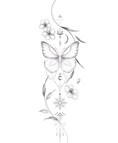 a drawing of a butterfly with flowers on it