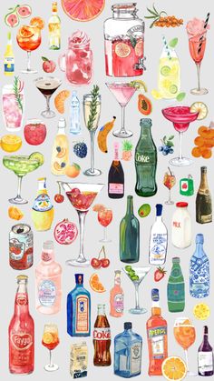 a painting of various drinks and beverages on a gray background, including oranges, lemons, watermelon, gin