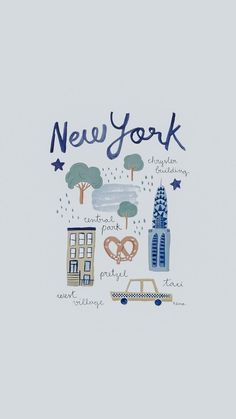 the new york skyline is shown in blue and white with trees, buildings, and stars