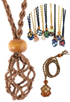 an assortment of necklaces and pendants on display in front of a white background