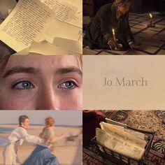 a collage of photos with people and books on them, including the words jo march