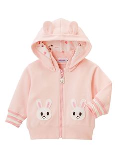 light pink cotton embroidered motif embroidered logo to the rear detachable hood front zip fastening long sleeves stripe trim ribbed trim straight hem Bunny Applique, Bunny Hoodie, Boys Winter Coats, Cartoon Embroidery, Bear Hoodie, French Terry Hoodie, Bunny Print, Hooded Parka, Wardrobe Design