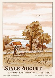 an illustration of a woman walking her dog in front of a lake and house with trees