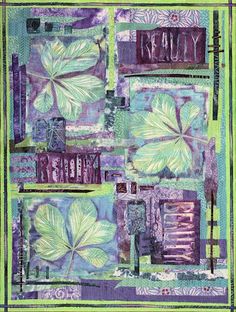 an abstract painting with leaves and words on the bottom, in purple and green colors